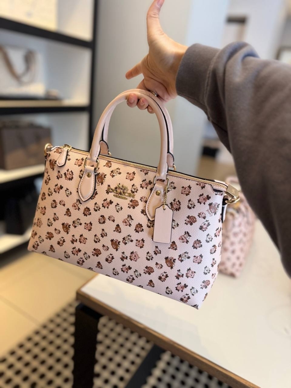 Coach Pink Floral Leather Satchel with Gold Hardware